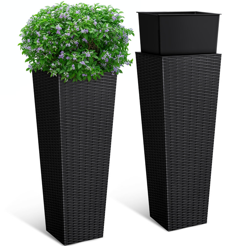 2-piece Plastic Planter Box Set, Imitation Wicker Tall Planter Pots